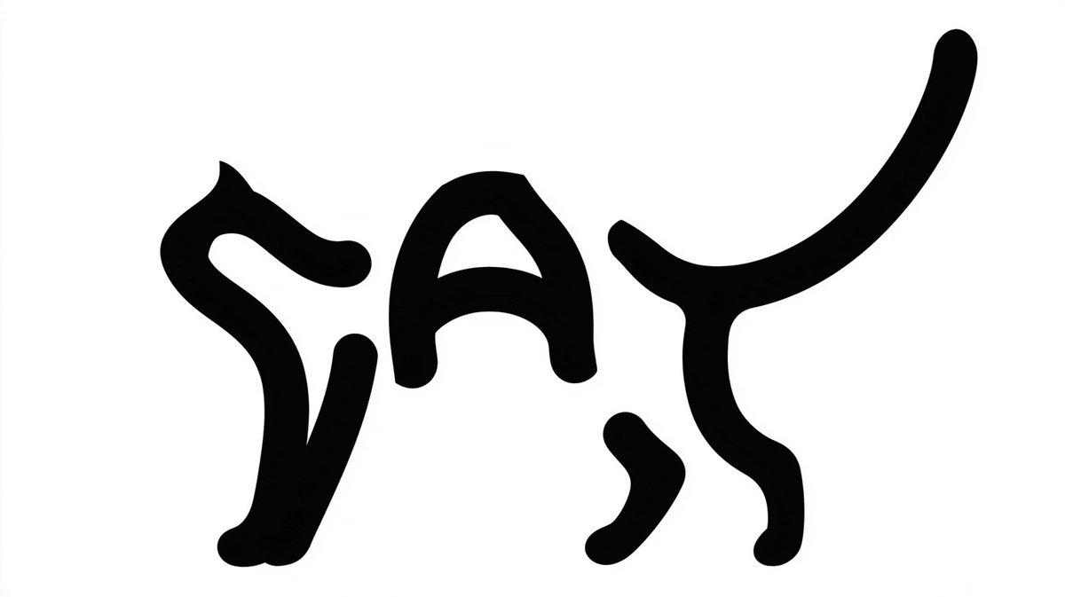 一幅艺术化的单色字体插画,其中单词 "CAT" 仅出现一次,并变形成一只伸展身体的家猫:前半身低伏,后半身略微抬起,尾巴向后延伸成优雅的弧线。…, 图片 1