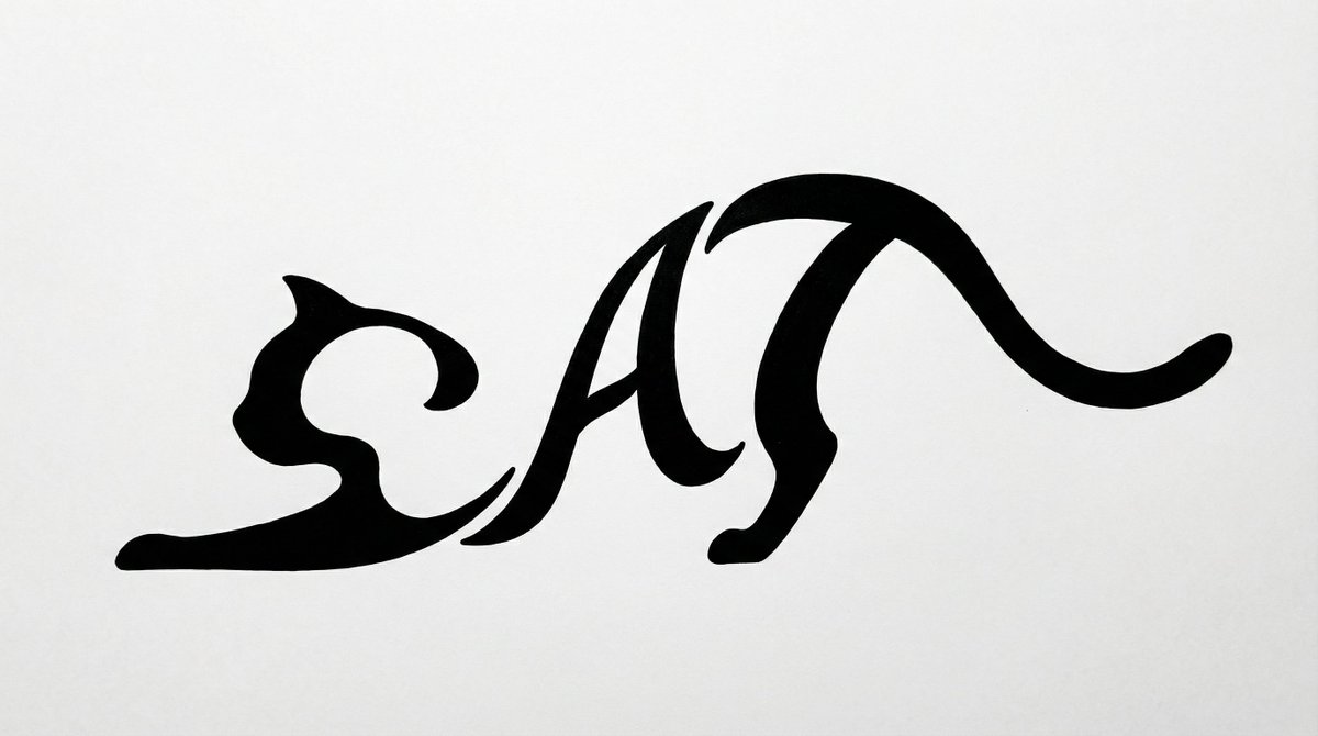 一幅艺术化的单色字体插画,其中单词 "CAT" 仅出现一次,并变形成一只伸展身体的家猫:前半身低伏,后半身略微抬起,尾巴向后延伸成优雅的弧线。…, 图片 2