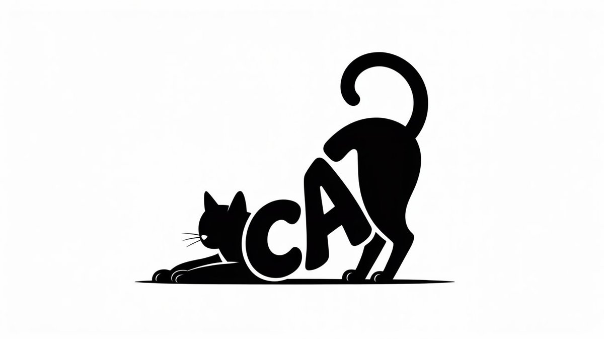 一幅艺术化的单色字体插画,其中单词 "CAT" 仅出现一次,并变形成一只伸展身体的家猫:前半身低伏,后半身略微抬起,尾巴向后延伸成优雅的弧线。…, 图片 3