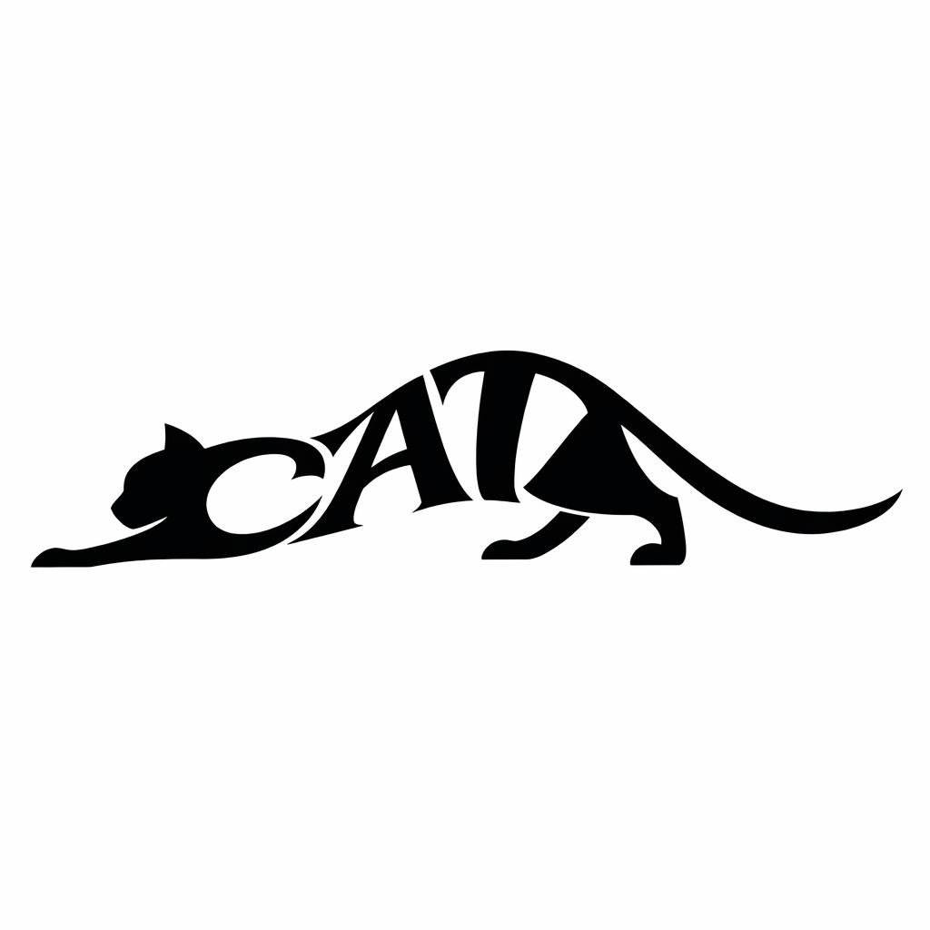 一幅艺术化的单色字体插画,其中单词 "CAT" 仅出现一次,并变形成一只伸展身体的家猫:前半身低伏,后半身略微抬起,尾巴向后延伸成优雅的弧线。…, 图片 4
