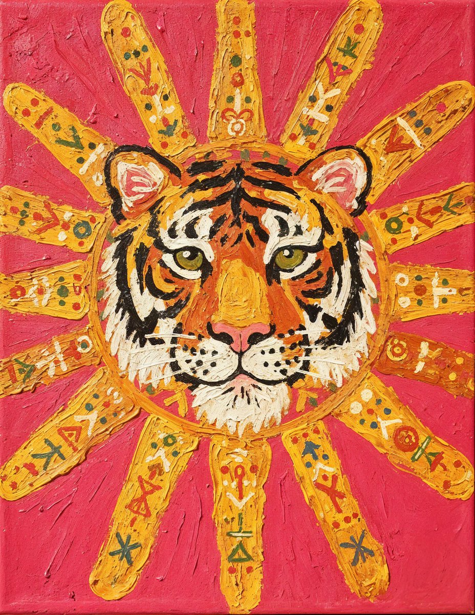 活力民俗艺术风格的丙烯绘画，画面中心是一张威严的虎面，从风格化的太阳向四周辐射，粗犷的黄色光芒向四面八方延伸，背景为平涂的亮粉红色，可见粗厚的…, 图片 1