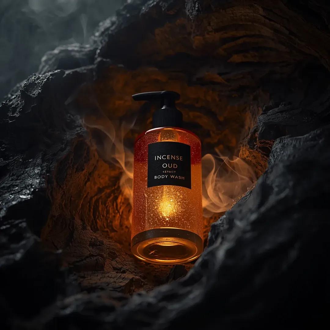 超写实高端沐浴露产品摄影画面（沉香乌木沐浴露 Incense Oud Body Wash），置于略微倾斜的俯视角度，安放在粗犷的深色纹理浮木环…, 图片 1