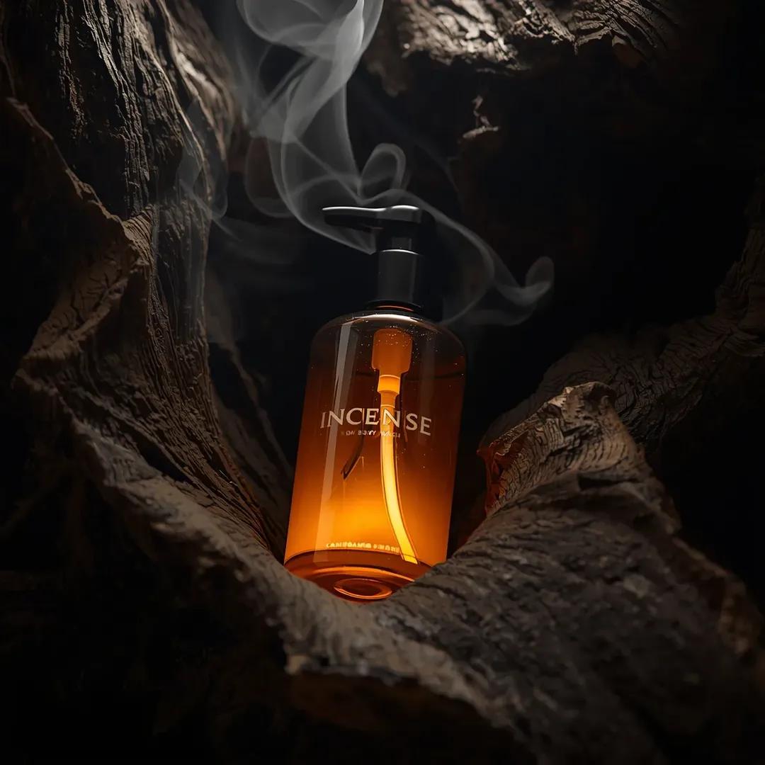 超写实高端沐浴露产品摄影画面（沉香乌木沐浴露 Incense Oud Body Wash），置于略微倾斜的俯视角度，安放在粗犷的深色纹理浮木环…, 图片 2