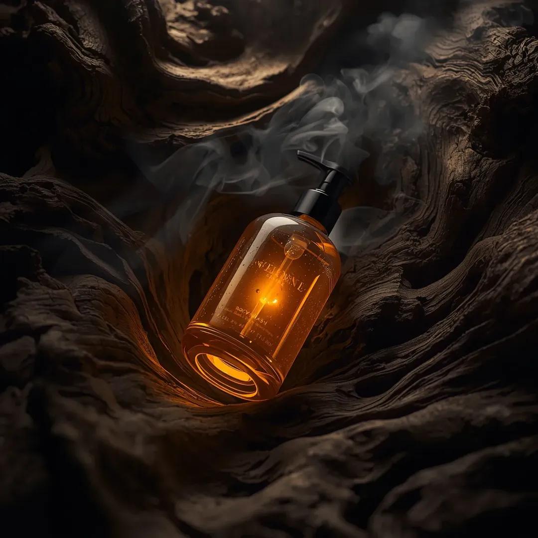 超写实高端沐浴露产品摄影画面（沉香乌木沐浴露 Incense Oud Body Wash），置于略微倾斜的俯视角度，安放在粗犷的深色纹理浮木环…, 图片 3