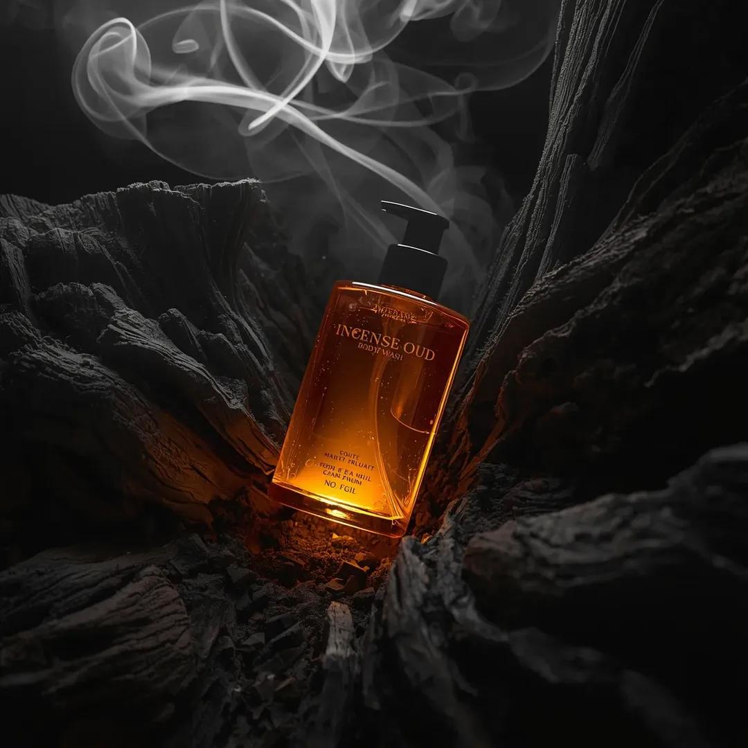 超写实高端沐浴露产品摄影画面（沉香乌木沐浴露 Incense Oud Body Wash），置于略微倾斜的俯视角度，安放在粗犷的深色纹理浮木环…, 图片 4