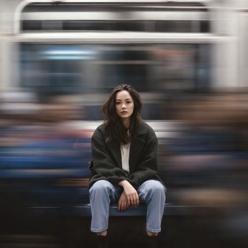 一张电影感的人像照片:一位年轻女子独自坐在地铁站台的座椅上,位于画面正中央,平静而略带严肃地直视镜头。她身穿一件宽松的深绿色大衣、浅色毛衣、浅…, 图片 1
