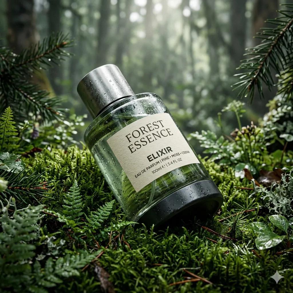 超写实高端香水产品摄影：一瓶香水（Forest Essence Elixir / 森林精华灵药），以（低角度微距斜拍镜头）构图，斜倚在茂密的（…, 图片 1