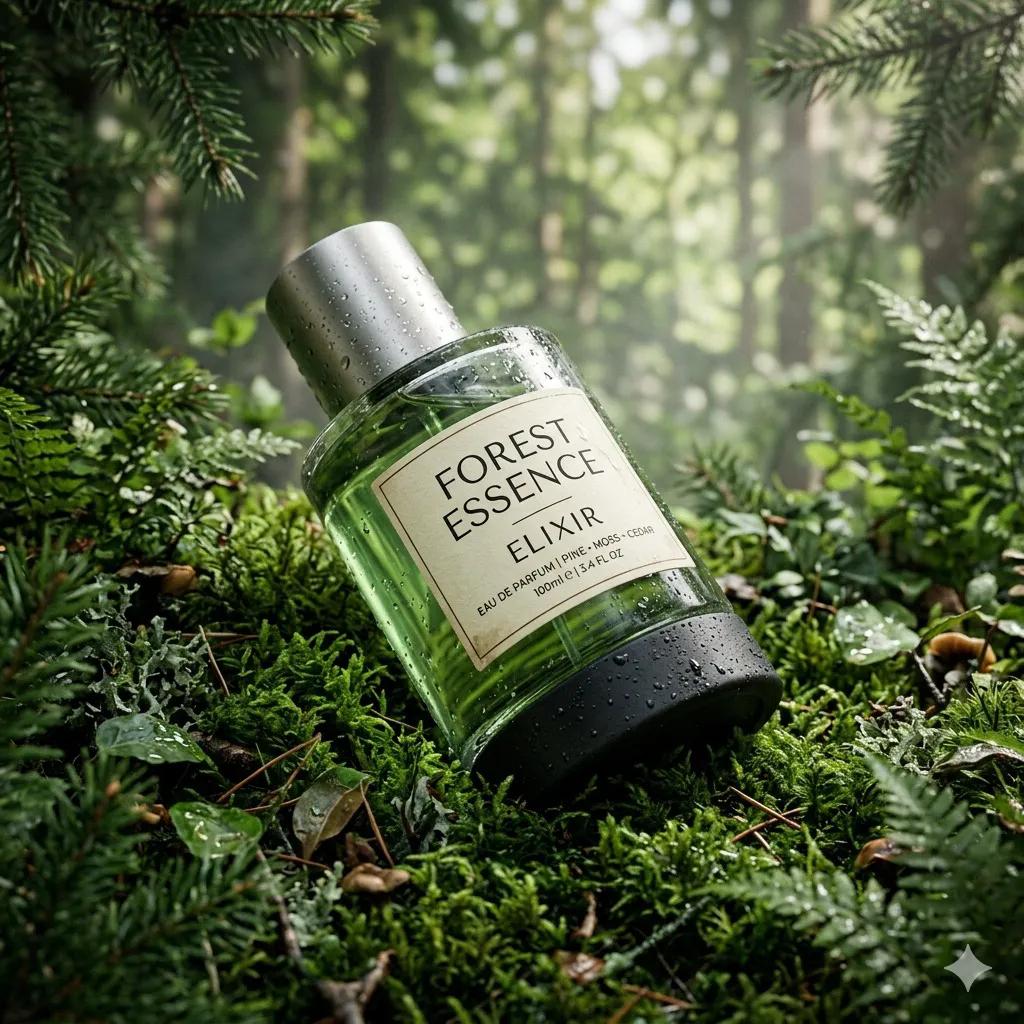 超写实高端香水产品摄影：一瓶香水（Forest Essence Elixir / 森林精华灵药），以（低角度微距斜拍镜头）构图，斜倚在茂密的（…, 图片 2