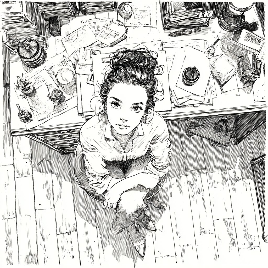 一个女人坐在她的桌子上，感到无聊，鸟瞰视角，[风格]，[光线]，[颜色], 图片 1