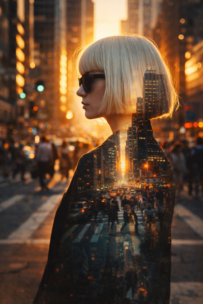 超写实电影感的图像：一位女性站在日落时分繁忙的城市街道上。她以侧脸示人，戴着太阳镜，留着铂金白色齐耳波波头和干净利落的直刘海。她的身影中包含城…, 图片 2