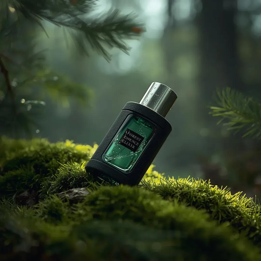 超逼真的高端香水产品摄影:一瓶香水(Forest Essence Elixir / 森林精华灵药),以(低角度宏观斜角镜头)斜置于茂密的(森林…, 图片 1