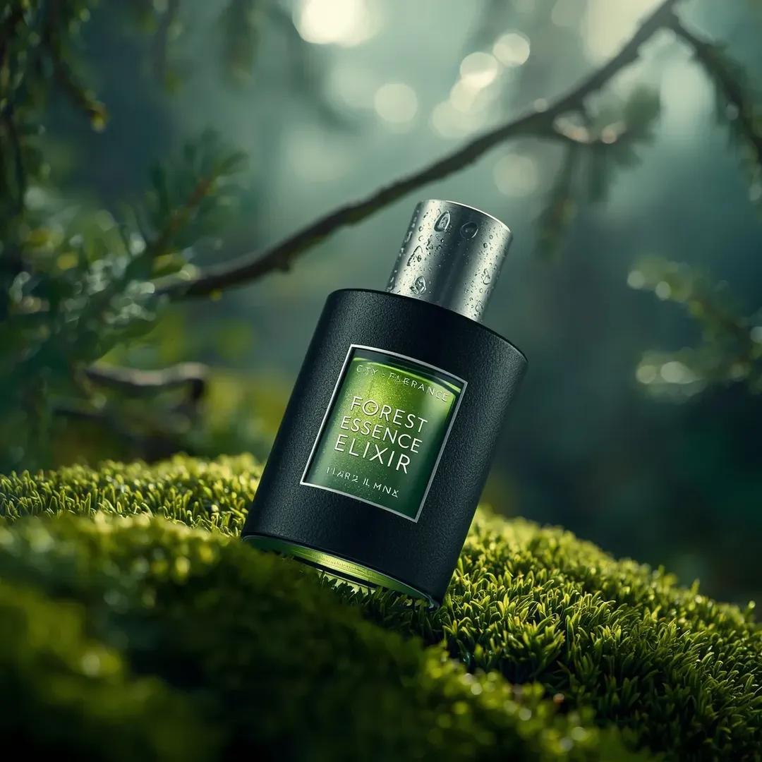 超逼真的高端香水产品摄影:一瓶香水(Forest Essence Elixir / 森林精华灵药),以(低角度宏观斜角镜头)斜置于茂密的(森林…, 图片 2