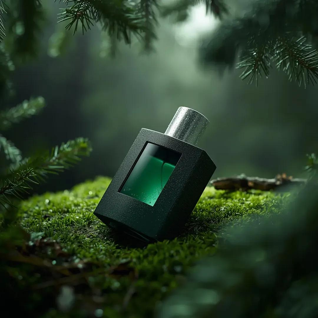 超逼真的高端香水产品摄影:一瓶香水(Forest Essence Elixir / 森林精华灵药),以(低角度宏观斜角镜头)斜置于茂密的(森林…, 图片 3