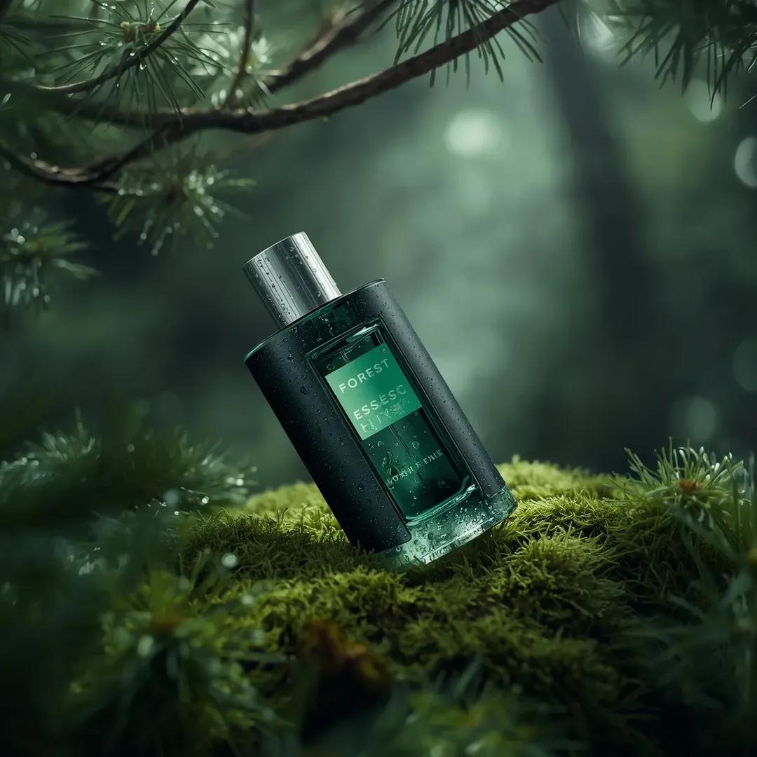 超逼真的高端香水产品摄影:一瓶香水(Forest Essence Elixir / 森林精华灵药),以(低角度宏观斜角镜头)斜置于茂密的(森林…, 图片 4