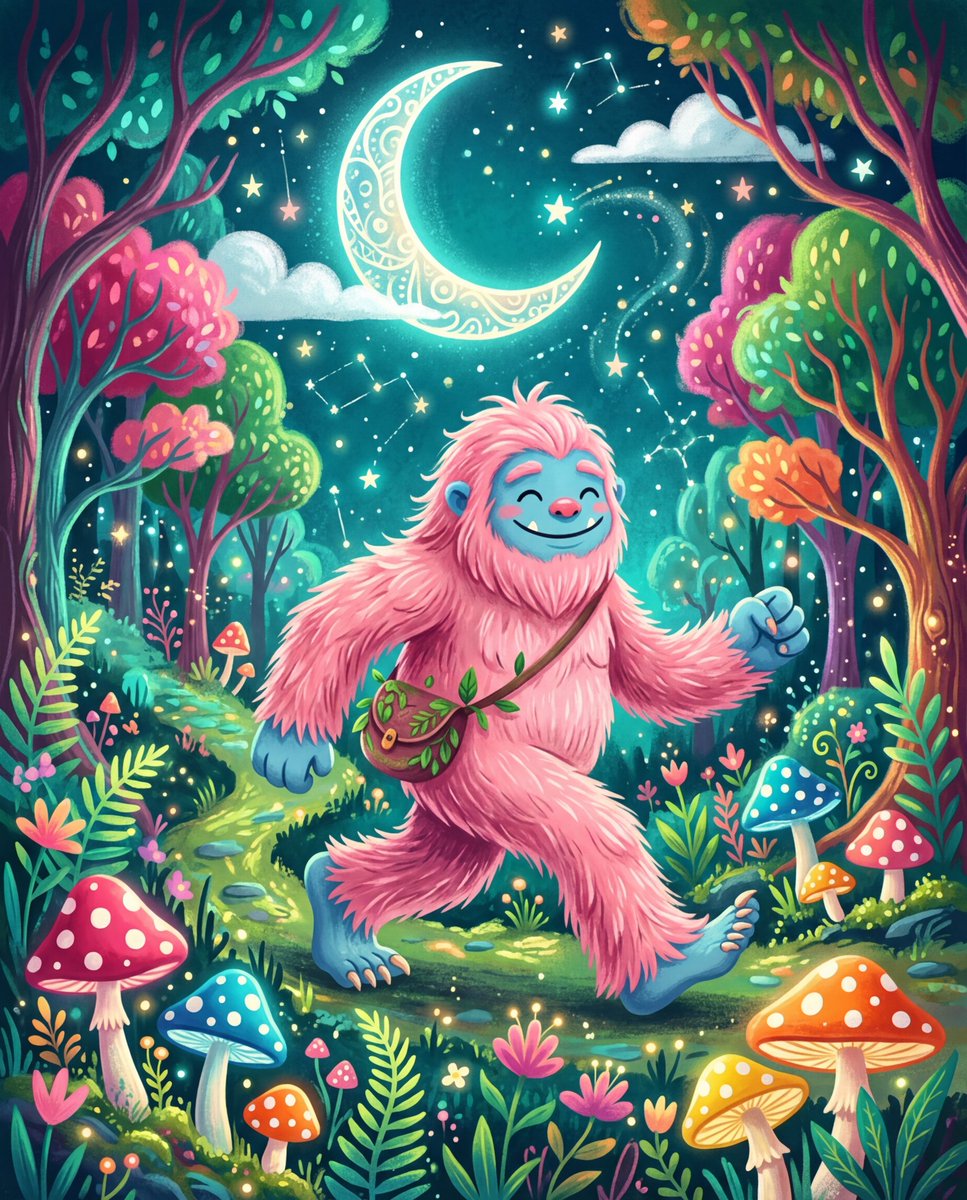 一幅充满奇趣的插画描绘了一只粉色、毛茸茸的、类似大脚怪的生物，拥有蓝色的皮肤和面部特征，在夜晚的奇幻森林中阔步前行。生物的毛发以柔和、羽毛般的…, 图片 1