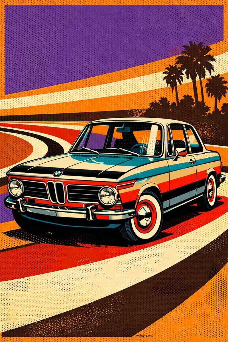 充满活力的波普艺术海报，主体为1960至70年代的[VEHICLE]，采用大胆的几何设计。多色水平条纹涂装：[COLOR]、[COLOR]、[…, 图片 3