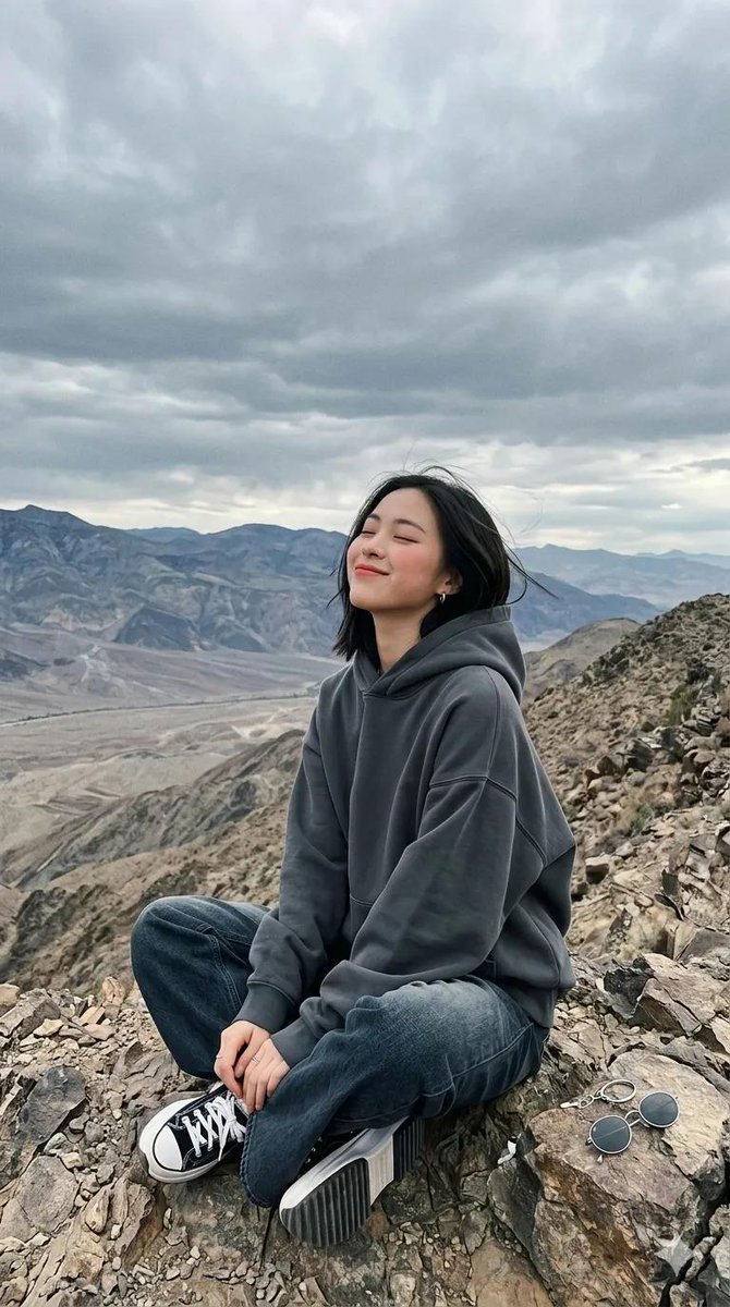 一段电影般的全景画面在戏剧性阴云笼罩的天空下，于一处嶙峋的山脊上徐徐展开。一位女性盘腿坐于石质岩架之上，身着超大号白色印花卫衣、深色阔腿牛仔裤…, 图片 2