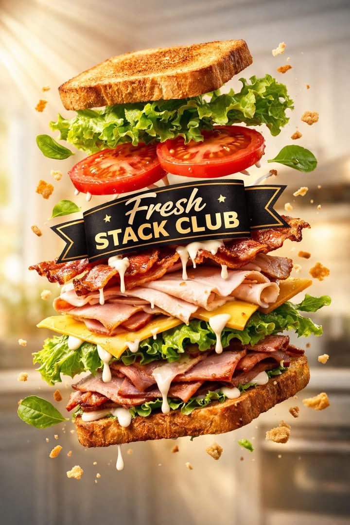 高端商业产品摄影:一个(三明治)标签为"(Fresh Stack Club)",悬浮于半空,采用分层(爆炸式倾斜视角)展示,呈现鲜艳的(多层质…, 图片 1
