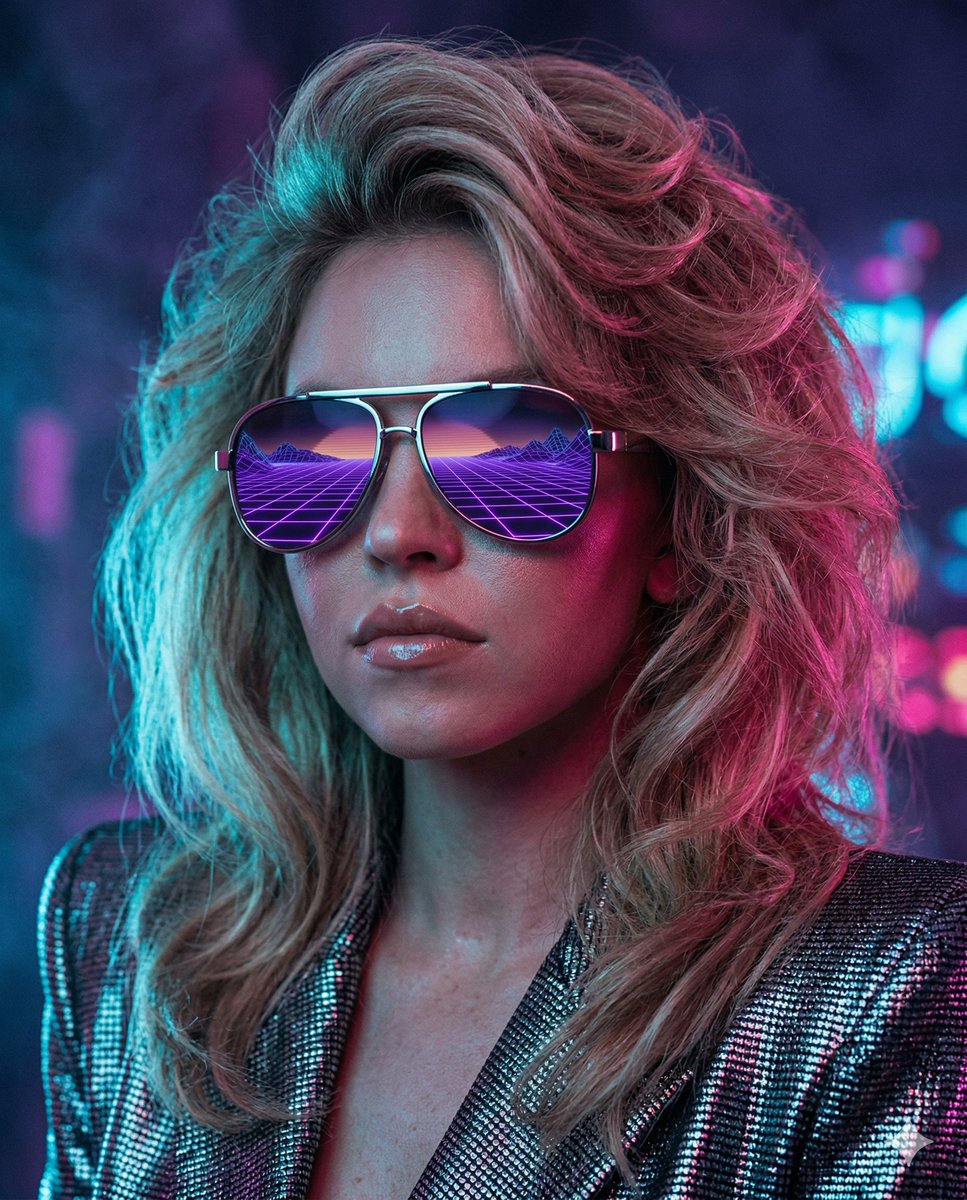 悉尼·斯威尼（Sydney Sweeney）电影级特写人像，以高档时尚的1980年代复古未来主义美学重新演绎。她佩戴着一副超大尺寸、超抛光镀铬…, 图片 1