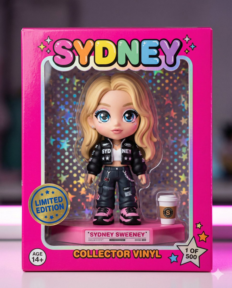 专业摄影棚玩具摄影,主题为限量版 Sydney Sweeney 设计师乙烯基收藏人偶。该人偶为风格化夸张造型,拥有超大、富有表现力的闪亮蓝色眼…, 图片 1