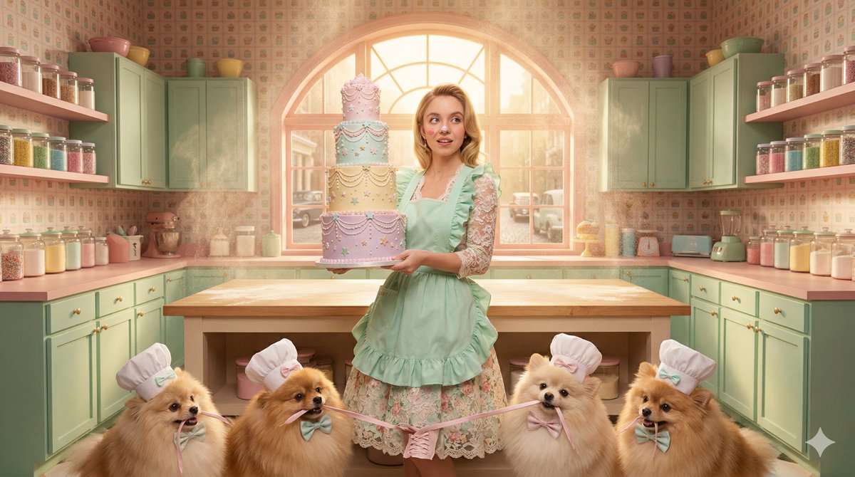 电影级广角编辑风格人像摄影,镜头中是悉尼·斯威尼(Sydney Sweeney)饰演的一位笨拙却迷人的美食糕点师,场景设在一间精心对称、灵感来…, 图片 1