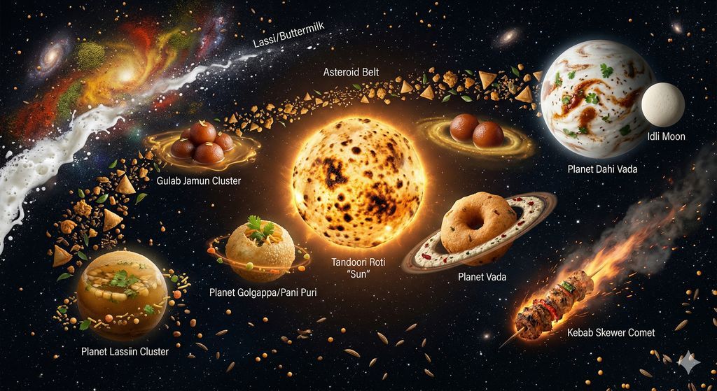 创建一个宇宙/太空场景,各种印度街头小吃漂浮在深空中,仿佛它们是美味星系中的行星、卫星和天体。, 图片 1