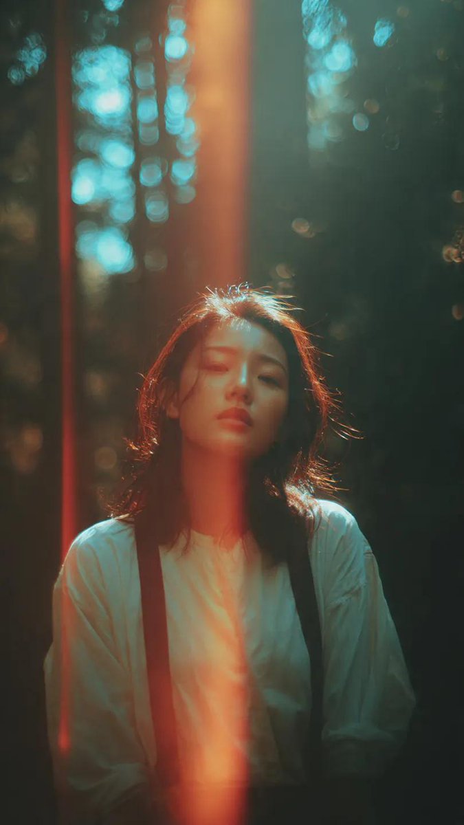 一位亚洲女性伫立于静谧森林中的电影感肖像，在她微微回头望向镜头的瞬间被捕捉下来。柔和的阳光透过高大的树木洒落，在她面庞与身体上形成极具戏剧性的…, 图片 1