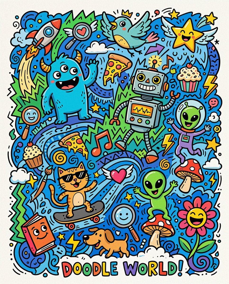 一幅充满活力、色彩缤纷的涂鸦艺术风格插画，描绘了一组异想天开的卡通人物和物品，每一个都带有夸张的表情和俏皮的姿态，密集地填满整个画面。背景是蓝…, 图片 1