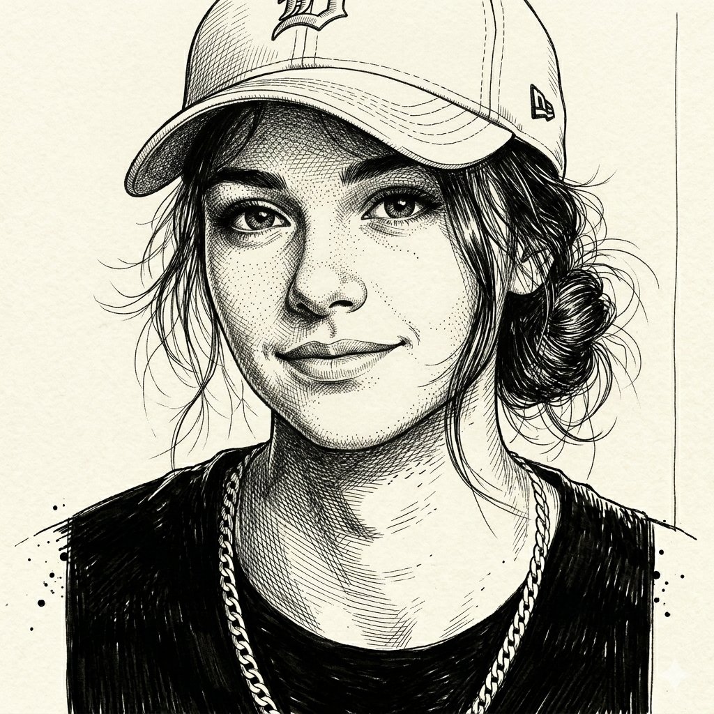 一幅高对比度的钢笔素描肖像,描绘一位神情真挚、目光深情的年轻女性,基于一幅细腻的铅笔素描。风格采用繁复的交叉影线与细密点画技法来营造深度与阴影…, 图片 1