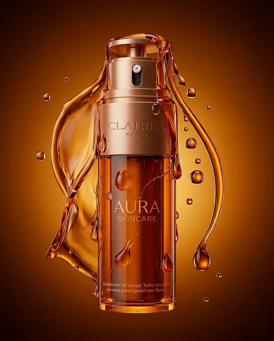 “超现实时尚产品摄影：一只巨大的琥珀色护肤品瓶（Clarins Aura）放置在一个极简盒子房间内的橙白格子地板上，温暖的纯橙色灯光，一位时尚…, 图片 3