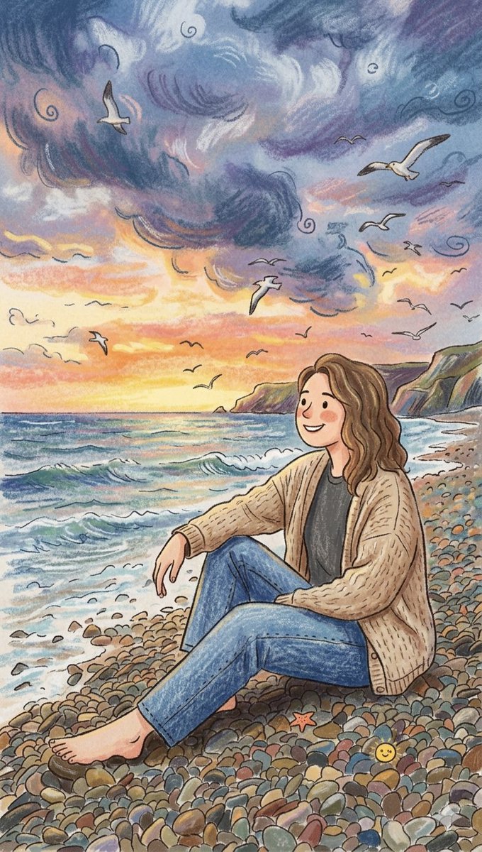 一幅充满奇思妙想的手绘彩色铅笔与蜡粉笔画，描绘一位有着波浪状棕发的年轻女子安静地坐在卵石海滩上。她身着一件舒适宽松的米色针织开衫与蓝色牛仔裤，…, 图片 1