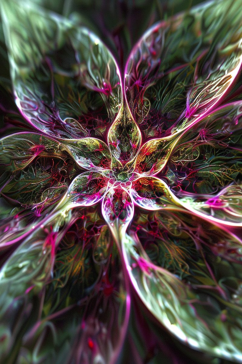 Midjourney,一朵超凡脱俗的花,仿佛在你注视它时不断重塑自身,花瓣的几何形状不断变化,呈现出不可能存在的对称性,闪烁着发光的神经网络图…, 图片 1