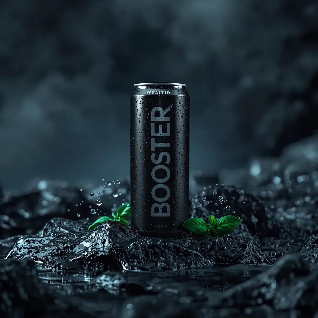高端商业产品摄影:印有“BOSTER”标签的光滑黑色饮料罐立于深色自然环境中的湿岩石上,周围是飞溅到半空中静止的水滴,罐底周围有新鲜绿叶,带冷…, 图片 2