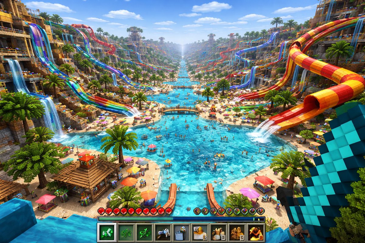 生成一张我的世界(Minecraft)第一人称视角的游戏截图,画面中是一座令人难以置信的巨大水上乐园,仿佛无限延伸。https://t.co/…, 图片 1