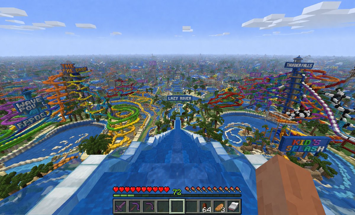 生成一张我的世界(Minecraft)第一人称视角的游戏截图,画面中是一座令人难以置信的巨大水上乐园,仿佛无限延伸。https://t.co/…, 图片 2