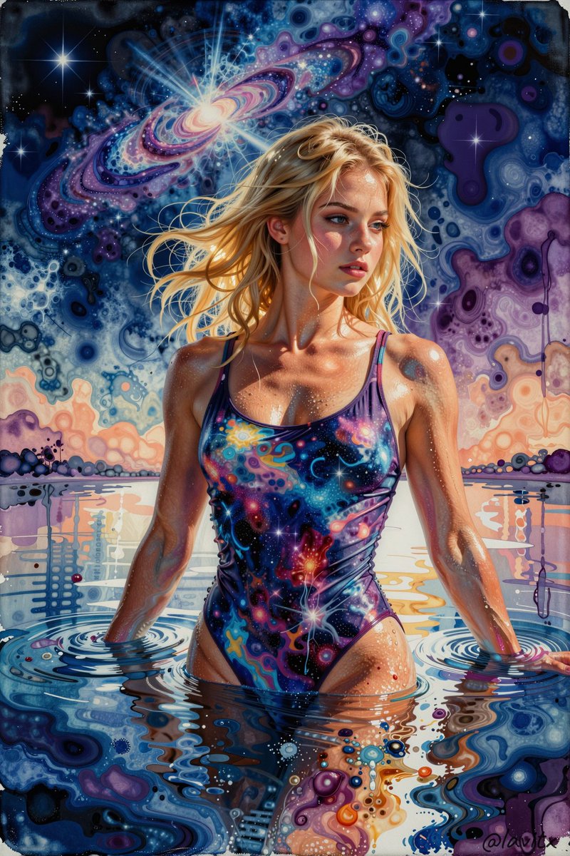 一幅发光的印象派水彩画在夜晚如镜般广阔的神奇湖面上徐徐展开,柔和的笔触以半透明的蓝色与紫色,与暗示动感与能量的表现性墨点飞溅无缝交融,唤起宁静…, 图片 2