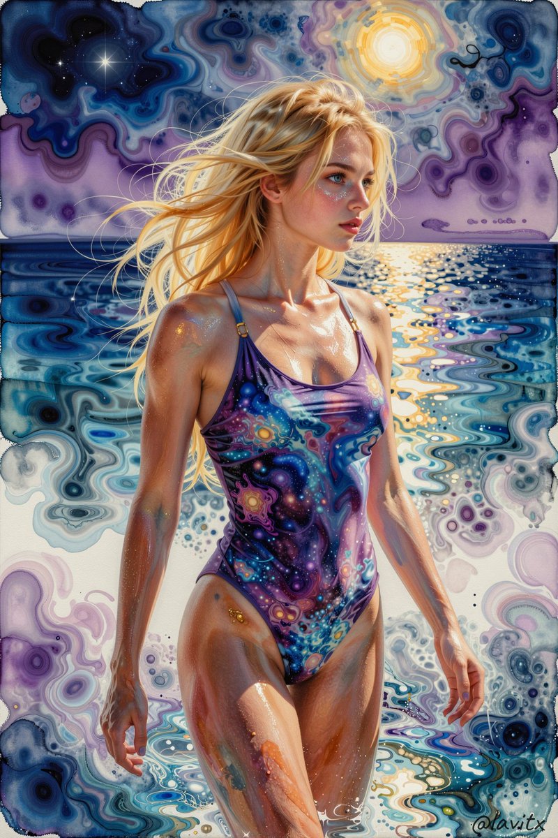 一幅发光的印象派水彩画在夜晚如镜般广阔的神奇湖面上徐徐展开,柔和的笔触以半透明的蓝色与紫色,与暗示动感与能量的表现性墨点飞溅无缝交融,唤起宁静…, 图片 4