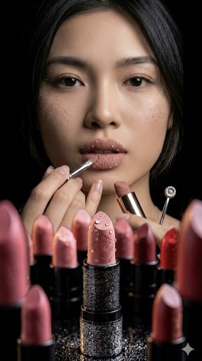 高级时尚社论特写:一位惊艳的东亚女性,肌肤透亮,颧骨处分布着细腻闪粉雀斑。妆容细节:她唇部涂抹哑光灰玫瑰调口红,口红膏体本身带有复杂压花花卉曼…, 图片 1