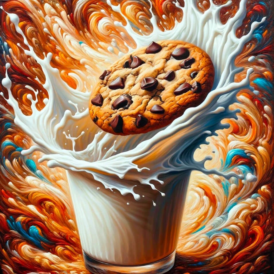 一幅表现主义的油画,描绘了一块巧克力曲奇饼干被投入一杯牛奶中,呈现出风味爆发的瞬间 https://t.co/x0yLfwD1iD, 图片 2