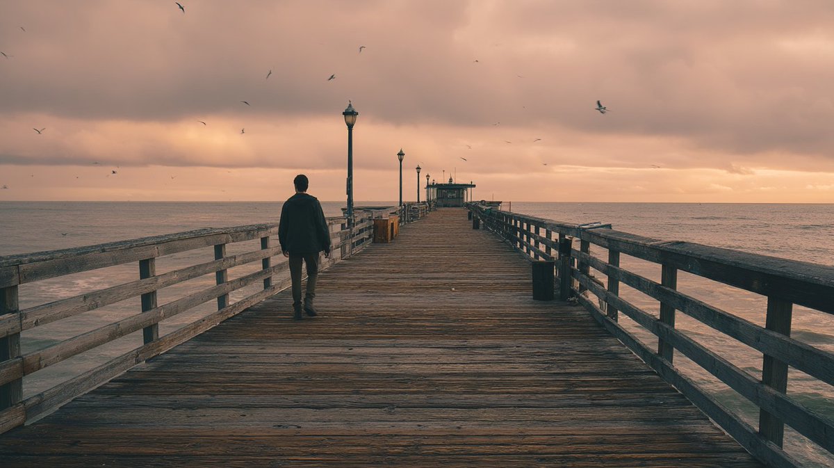 “沿着码头散步，照片，[unsplash] --ar 16:9 --v 8”, 图片 1