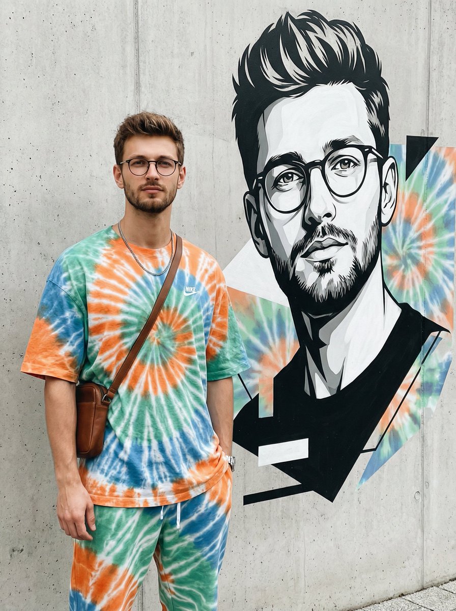 一位时尚的年轻男子靠着一面极简的混凝土墙站立,身旁是一幅巨大的现代壁画,画中正是他自己。他身穿一套宽松、色彩鲜艳的耐克扎染服装(橙色、绿色、蓝…, 图片 1
