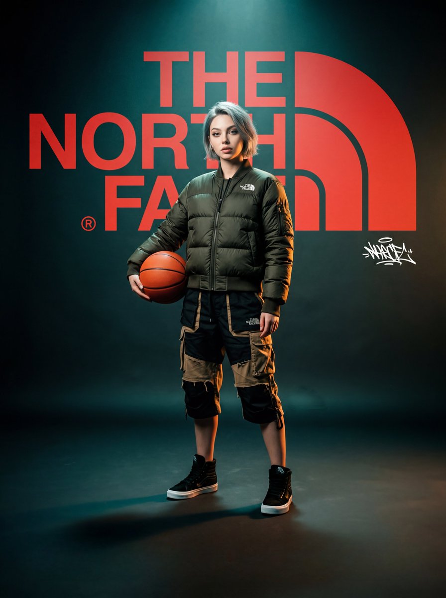 一张高级时尚、电影感的"The North Face"品牌概念海报。画面中,一位女性(使用上传图片中的人物)站在一个风格化的摄影棚里。她/他身…, 图片 1