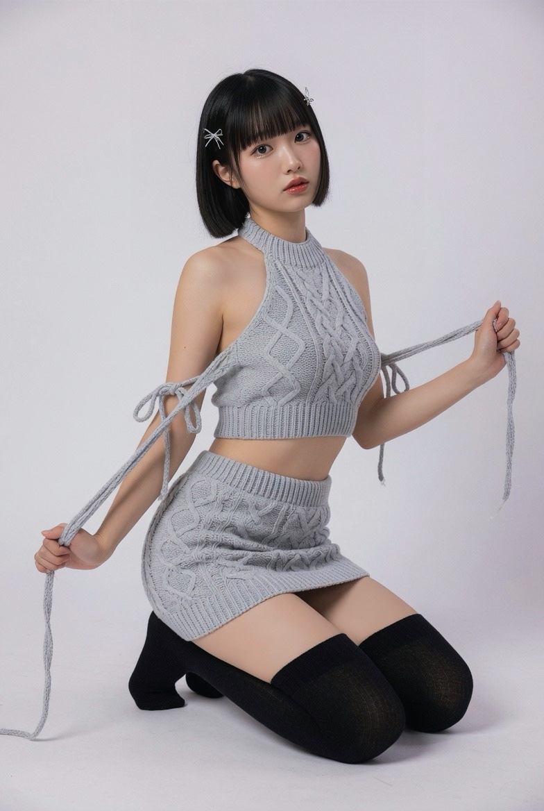 超写实全身工作室肖像：一位20出头的年轻女性，五官具有东亚特征，留着短而顺滑的黑色波波头，配齐刘海和精致的银色发夹；肌肤白皙无瑕，带有自然淡淡…, 图片 1