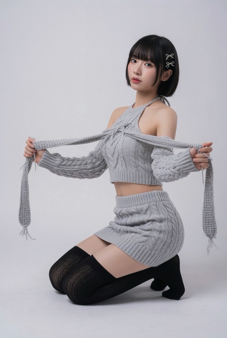 超写实全身工作室肖像：一位20出头的年轻女性，五官具有东亚特征，留着短而顺滑的黑色波波头，配齐刘海和精致的银色发夹；肌肤白皙无瑕，带有自然淡淡…, 图片 2