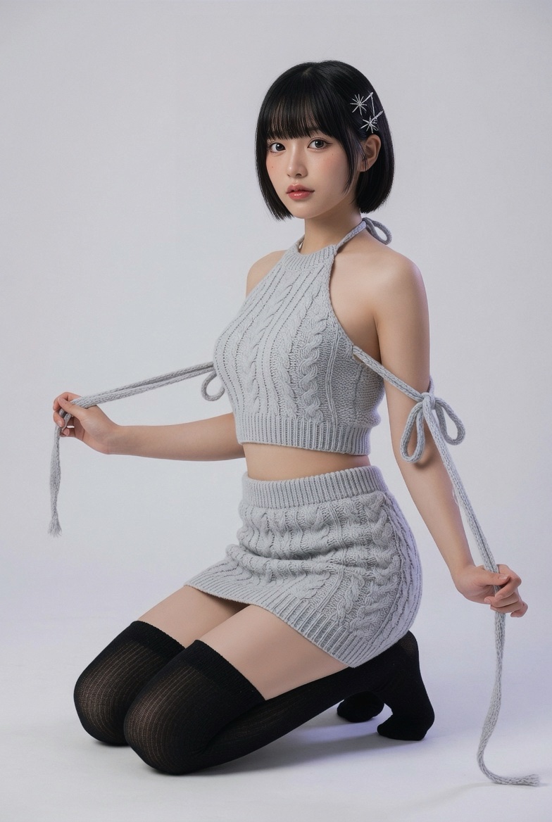 超写实全身工作室肖像：一位20出头的年轻女性，五官具有东亚特征，留着短而顺滑的黑色波波头，配齐刘海和精致的银色发夹；肌肤白皙无瑕，带有自然淡淡…, 图片 3