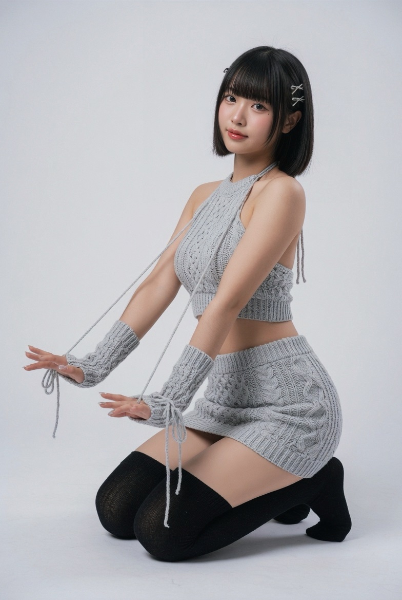 超写实全身工作室肖像：一位20出头的年轻女性，五官具有东亚特征，留着短而顺滑的黑色波波头，配齐刘海和精致的银色发夹；肌肤白皙无瑕，带有自然淡淡…, 图片 4