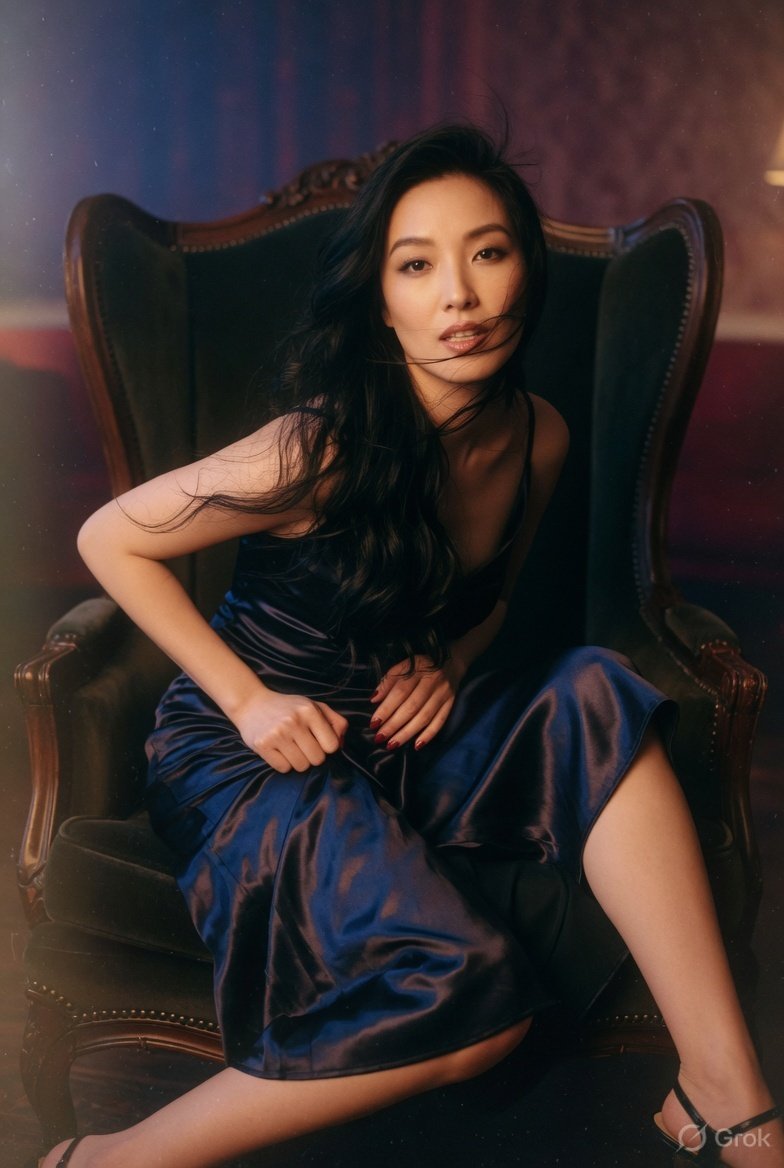 超写实时尚大片拍摄，东亚美女端坐于高背翼形扶手椅中，戏剧性斜角姿势，黑色长卷发自然垂落，目光受控而强烈，双唇微微张开，右手置于头后轻撩发丝，左…, 图片 1