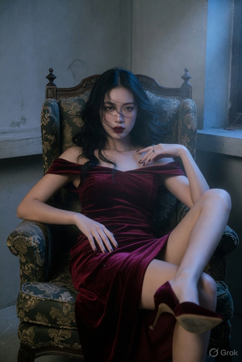 超写实时尚大片拍摄，东亚美女端坐于高背翼形扶手椅中，戏剧性斜角姿势，黑色长卷发自然垂落，目光受控而强烈，双唇微微张开，右手置于头后轻撩发丝，左…, 图片 2