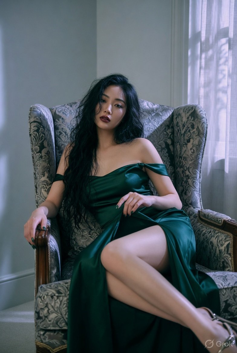 超写实时尚大片拍摄，东亚美女端坐于高背翼形扶手椅中，戏剧性斜角姿势，黑色长卷发自然垂落，目光受控而强烈，双唇微微张开，右手置于头后轻撩发丝，左…, 图片 3