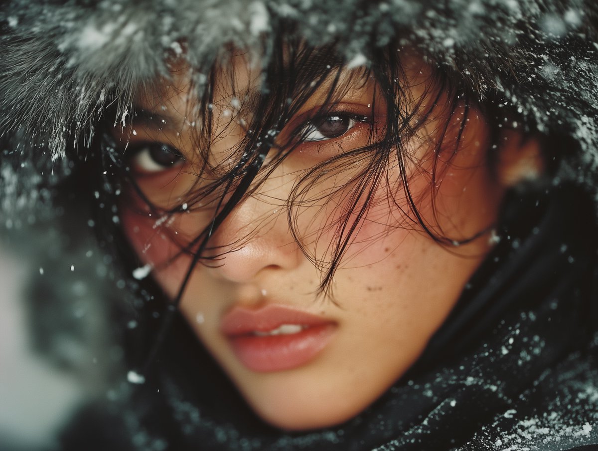 被一场猛烈暴风雪的刺眼混沌所吞噬,一位年轻东亚女性被捕捉于一个紧凑的电影特写镜头中,神情沉静而坚忍,她头部微微低垂,目光向左下方垂落,精致的面…, 图片 1
